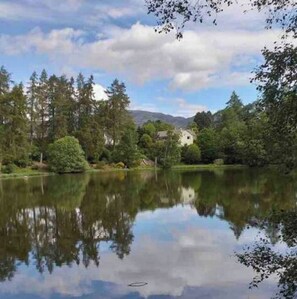Um lago tranquilo rodeado por árvores densas e uma cadeia montanhosa ao longe.
