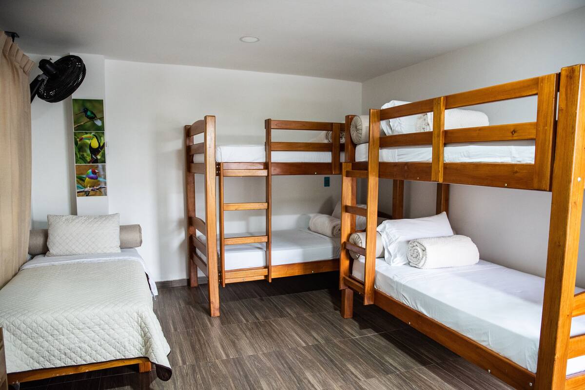 A room with bunk beds, a single bed, and a wall-mounted fan.