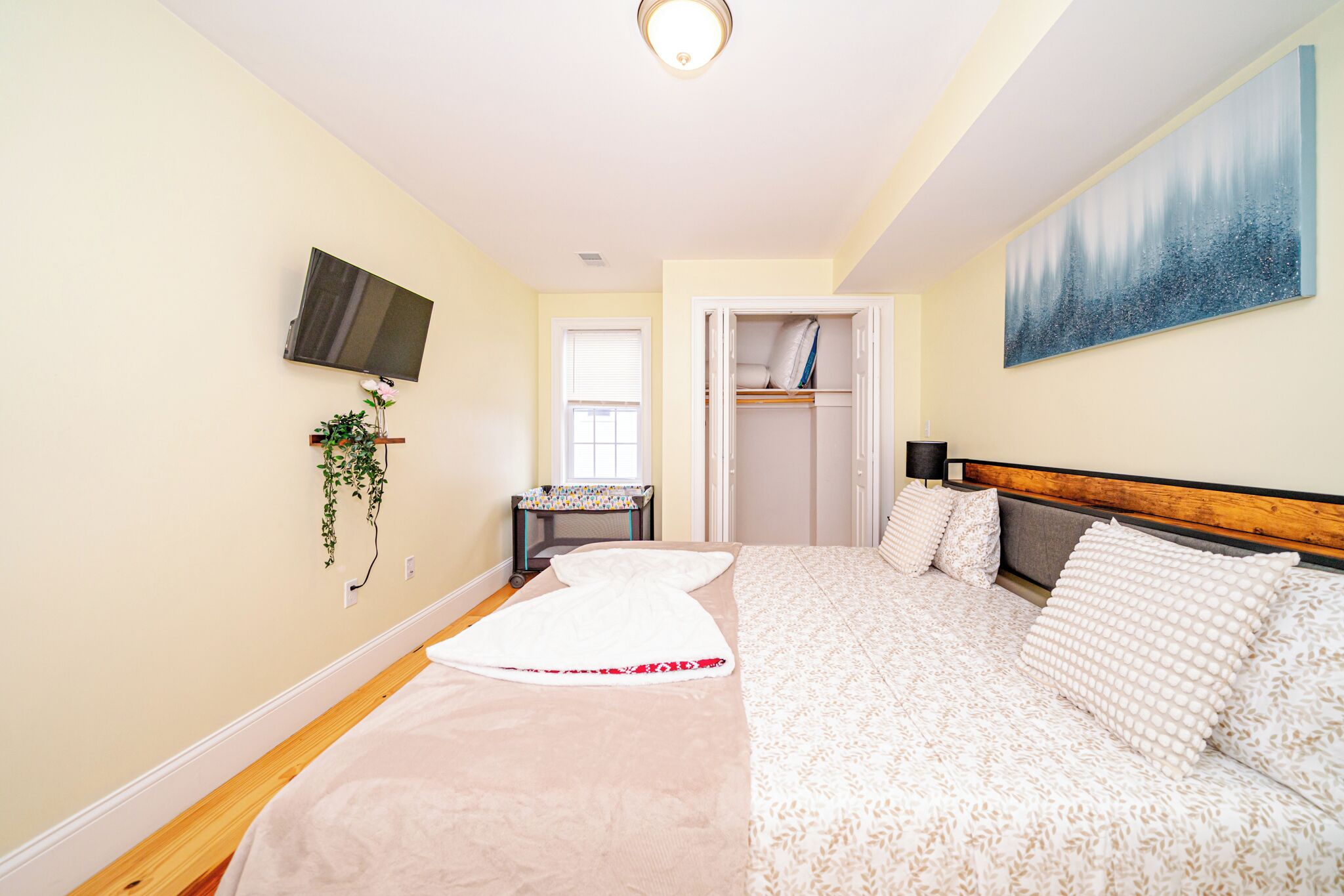 Een slaapkamer met een bed, een televisie, een kledingkast en een schilderij aan de muur.