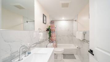 Combined shower/tub, hair dryer, towels, soap