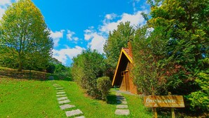 Un bâtiment rustique en bois, doté d’un toit en pente, entouré d’une végétation luxuriante et surplombé d’un ciel bleu clair.