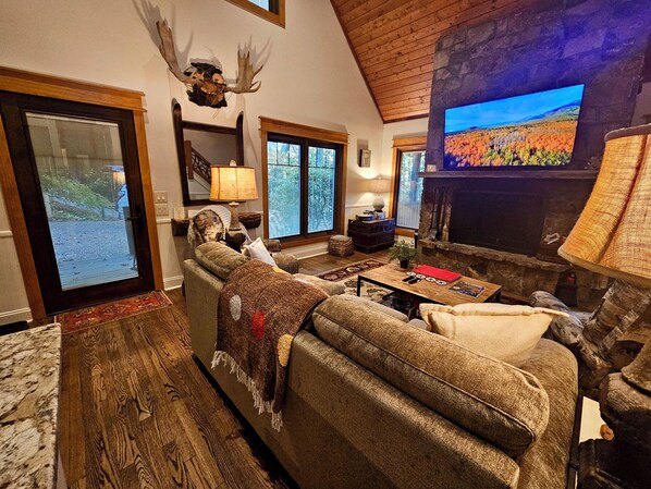 Smart TV, fireplace, books, stereo