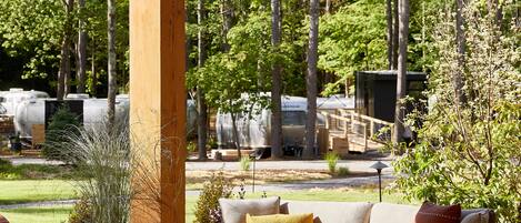 Un espace extérieur aménagé avec une pergola en bois, un canapé avec des coussins, une table ronde et des plantes en pot.
