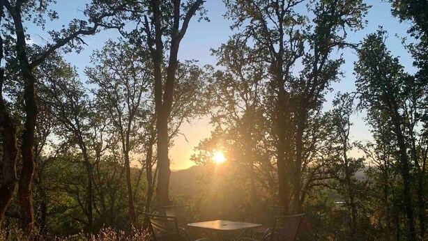 Un patio al aire libre con una mesa y sillas, rodeado de árboles y vistas del atardecer.