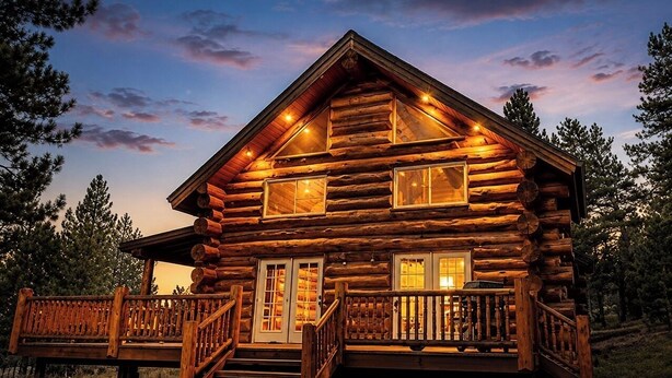 A log cabin with a porch, multiple windows, and a staircase leading to the entrance. - Custom log cabin tucked away in private forest (Hartsel)