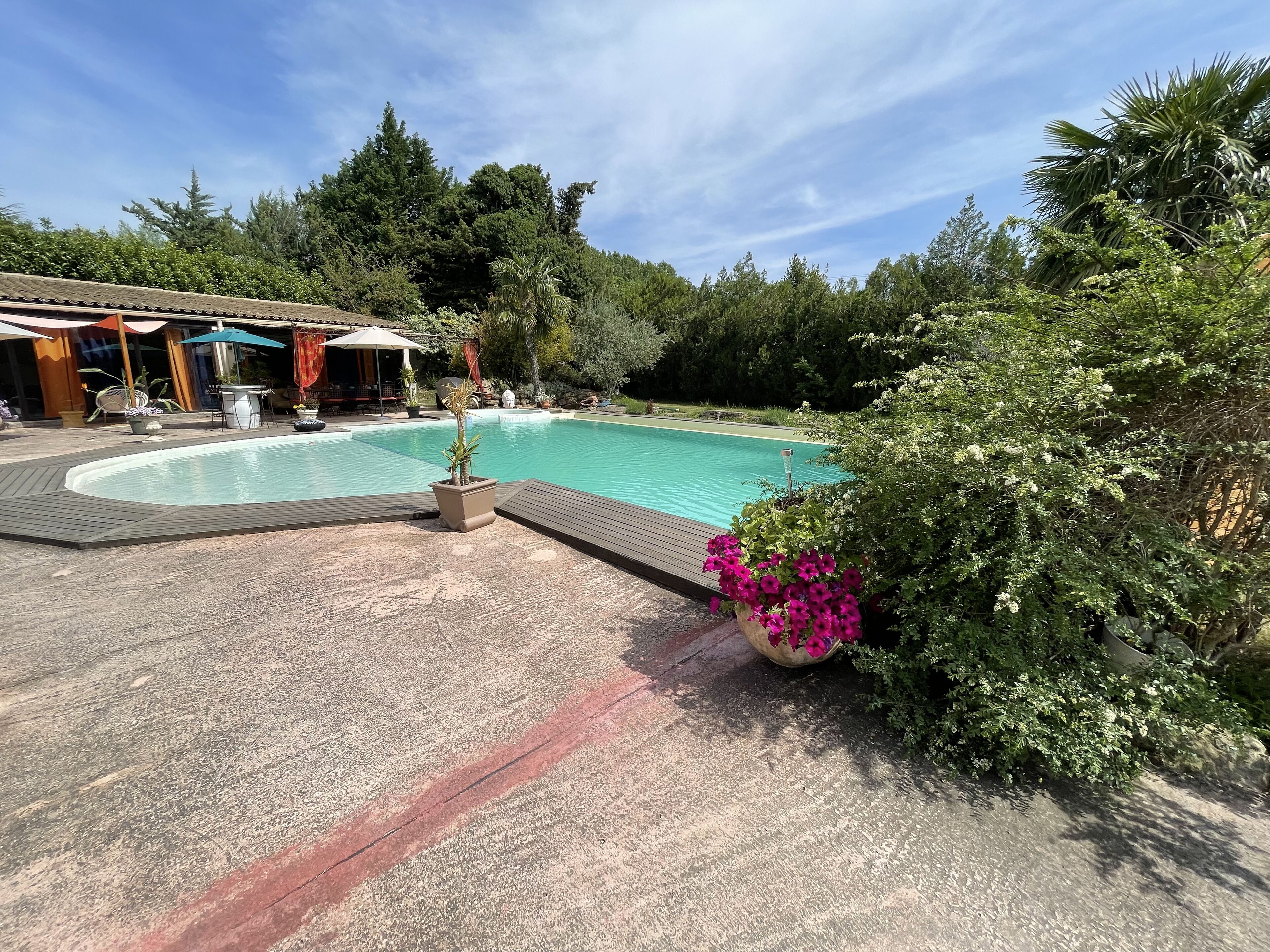 A swimming pool with a wooden deck, surrounded by lush greenery and a covered seating area.