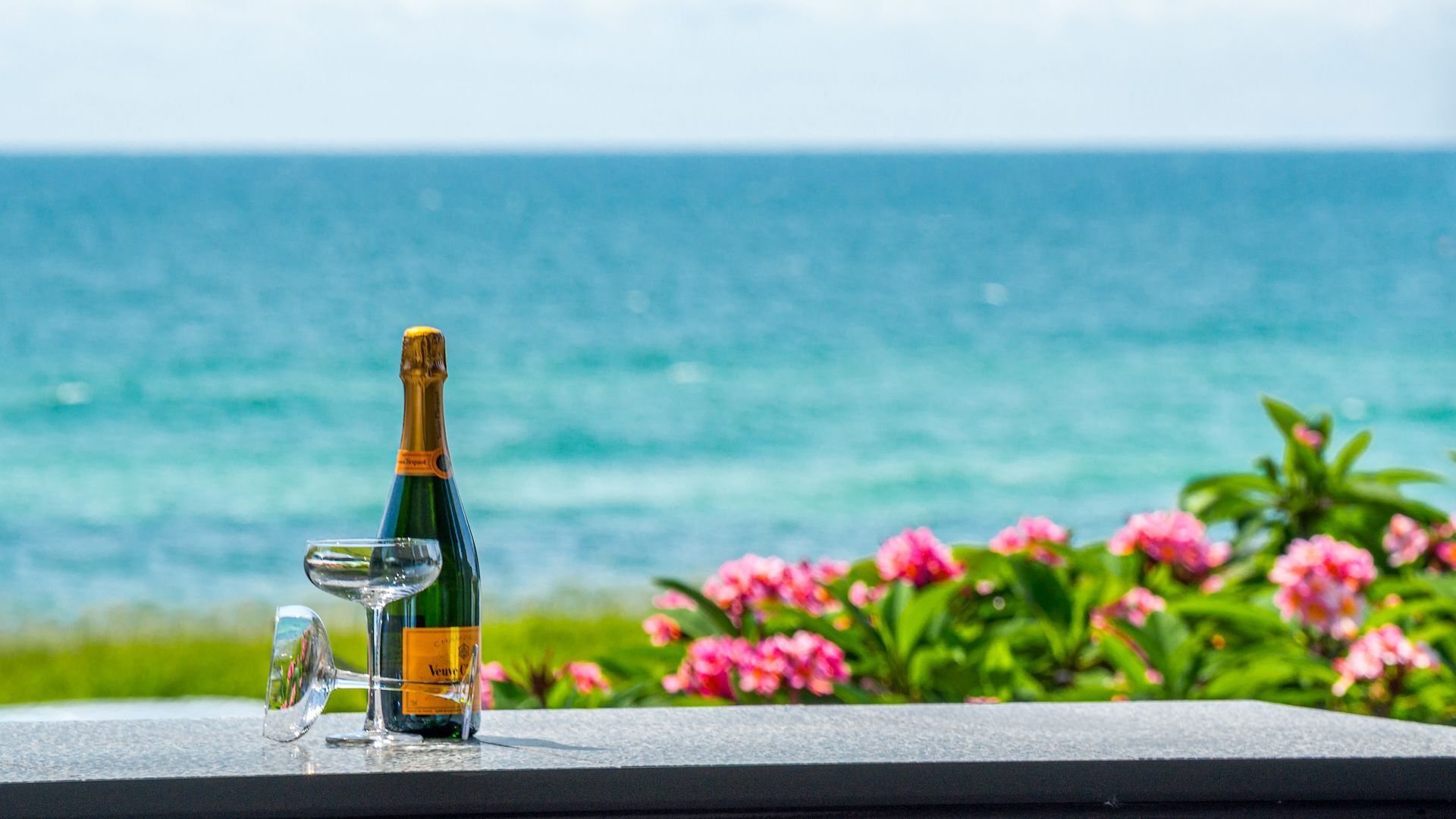 Eine Champagnerflasche und ein Glas auf einem Balkon mit Blick auf das Meer und rosa Blüten.