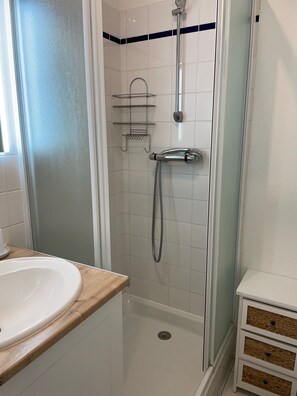 Shower, hair dryer, toilet paper