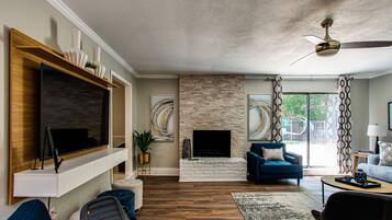 Smart TV, fireplace, DVD player, music library