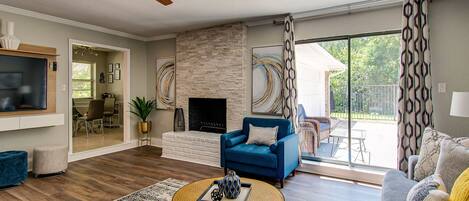 Smart TV, fireplace, DVD player, music library