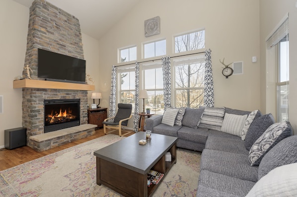Smart TV, fireplace, video games, DVD player