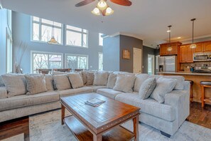 Smart TV, fireplace, books