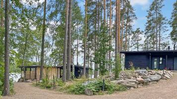 A cabin surrounded by tall trees, with a gravel path leading to it.