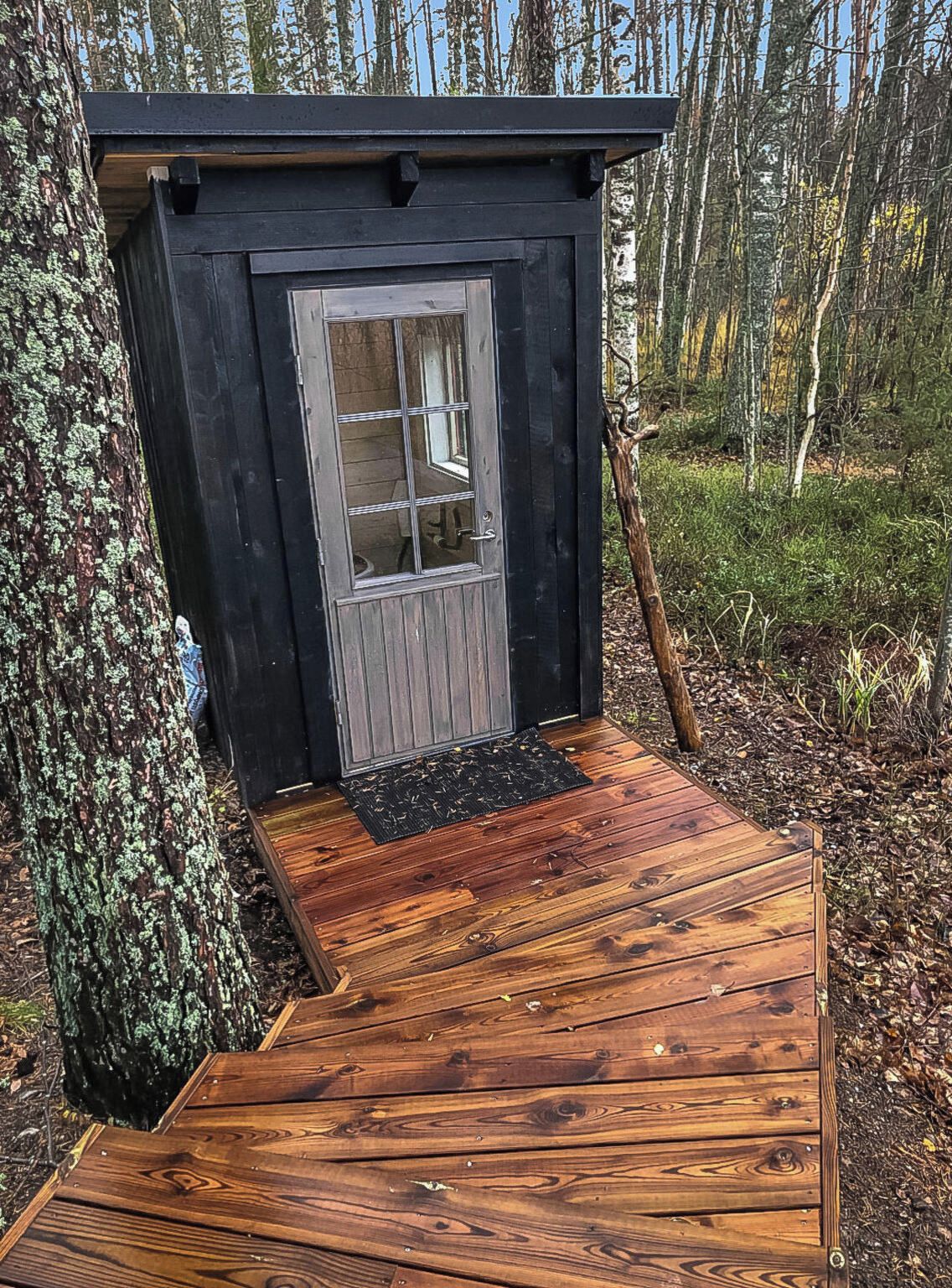 Una terraza de madera que conduce a una puerta negra con ventana, rodeada de árboles.
