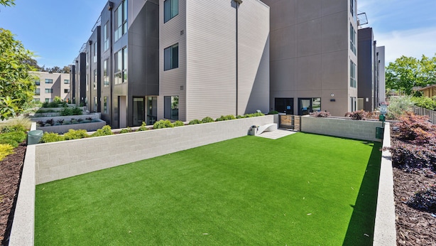 A modern building with a flat roof, large windows, and a well-maintained lawn. - Luxury One Bedroom with Full-Service Amenities (Mountain View)