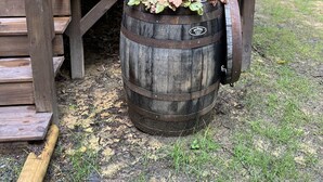 Una estructura de madera con una rueda grande y un barril con plantas.