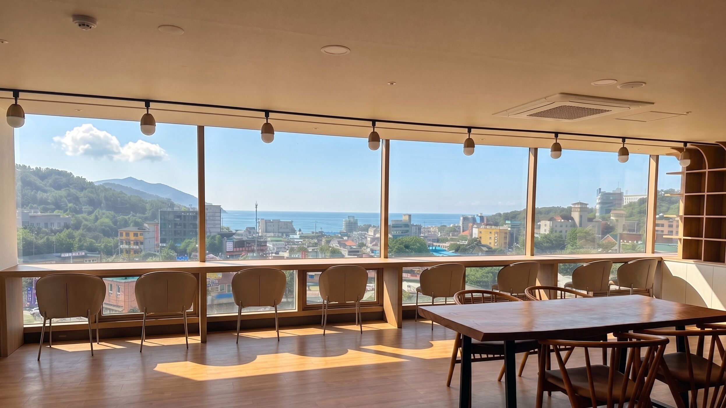 A modern room with large windows, wooden flooring, and a table with chairs.