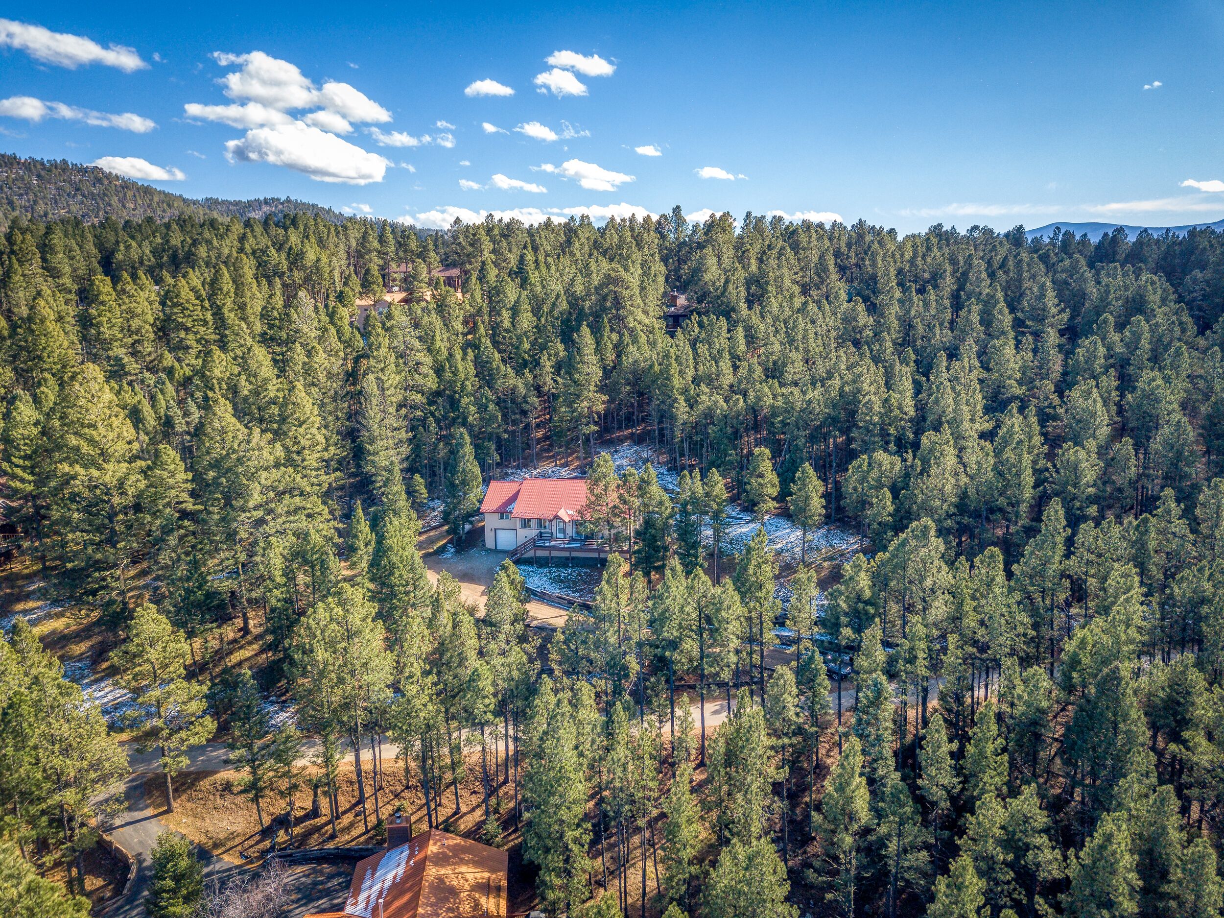 A forested area with a house featuring a red roof, surrounded by dense trees and a clear sky.