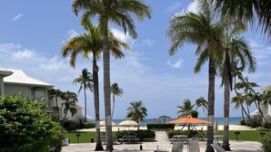 A pool area with lounge chairs, palm trees, and a view of the ocean. - Luxury condo steps from one of the world's best beaches. (George Town)