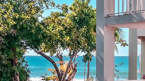 A balcony with a view of the ocean and beach, surrounded by greenery. - Luxury condo steps from one of the world's best beaches. (George Town)
