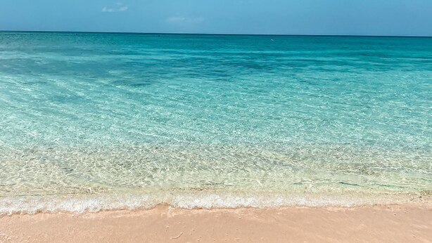A beach with clear turquoise water and a sandy shore. - Luxury condo steps from one of the world's best beaches. (George Town)