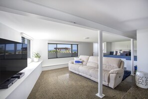 Televisión, chimenea y libros 