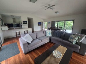TV, fireplace, books