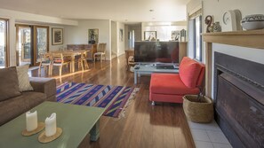 TV, fireplace, books