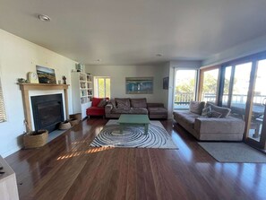 Télévision, cheminée, livres