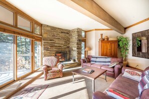 Flat-screen TV, fireplace, DVD player