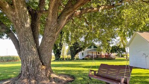 A large tree with a swing under its branches, a grassy yard, and a white building in the background. - Countryside Cottage w/ Large Yard Near Topeka (Silver Lake)