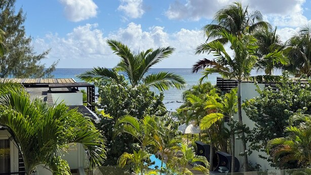 Un resort con piscina, palmeras y vista al océano.
