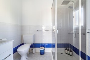 Shower, rainfall showerhead, hair dryer, towels