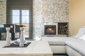 TV, fireplace, foosball