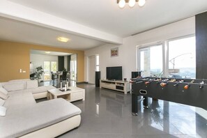 TV, fireplace, foosball