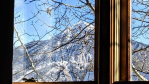 Una ventana con vista a montañas nevadas y ramas de árboles desnudas.