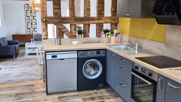 Fridge, microwave, dishwasher, high chair