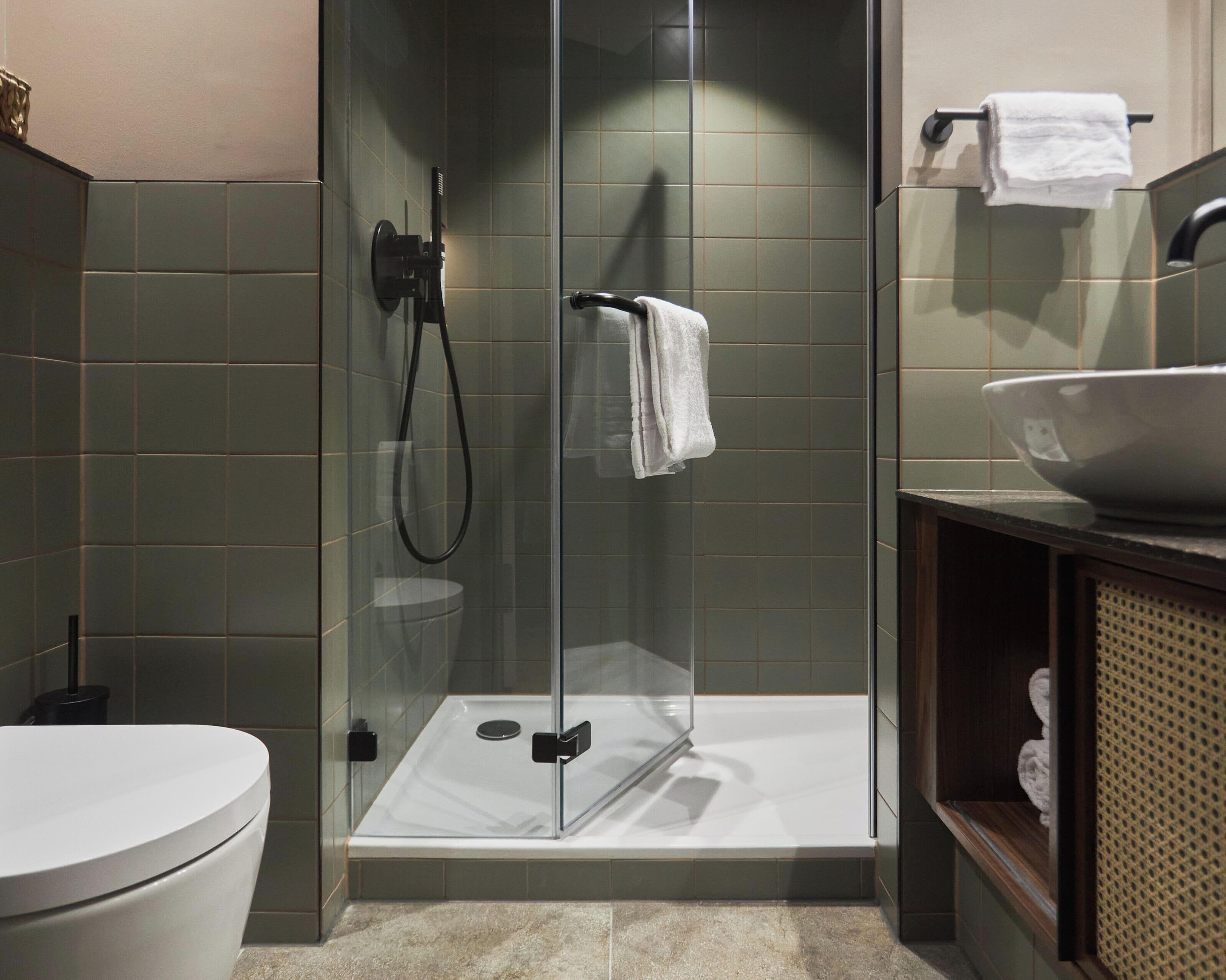 A modern bathroom with a glass-enclosed shower, a white sink, and a toilet.