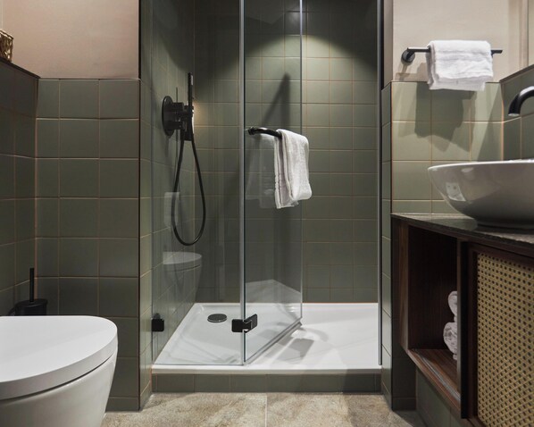 Un baño moderno con ducha envuelta en vidrio, un lavabo blanco y un inodoro.