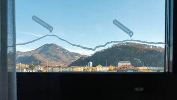 A view through a window with a mountain and buildings in the background.