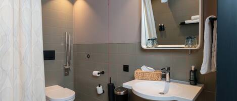 A modern bathroom with a toilet, sink, and mirror.