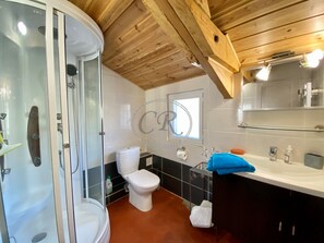 Shower, hair dryer, towels, toilet paper