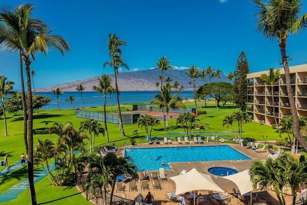 A pool area with lounge chairs and umbrellas, surrounded by palm trees and a view of the ocean.