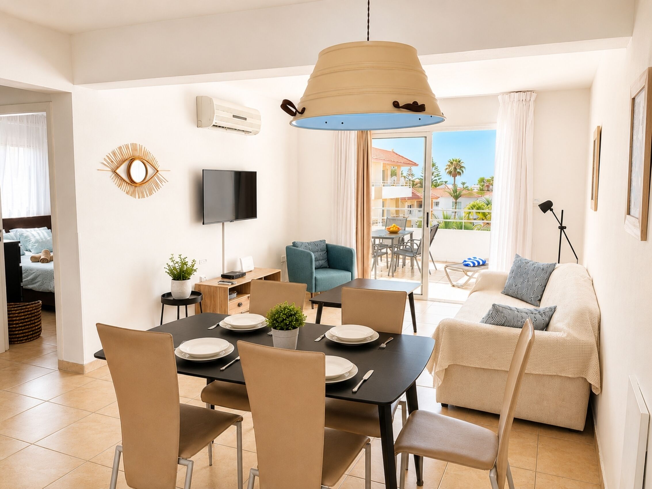 A modern living room with a dining area, a sofa, a TV, and a balcony with a view.