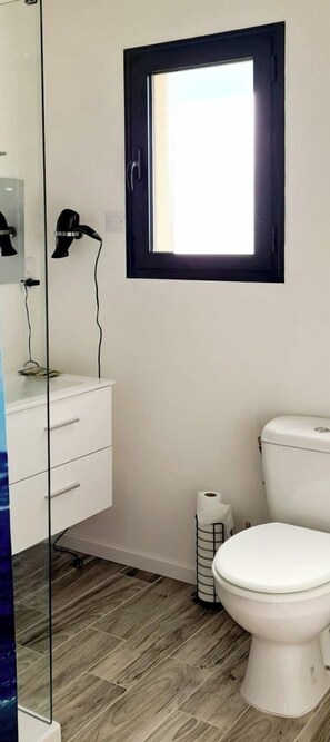 Shower, hair dryer, towels, soap