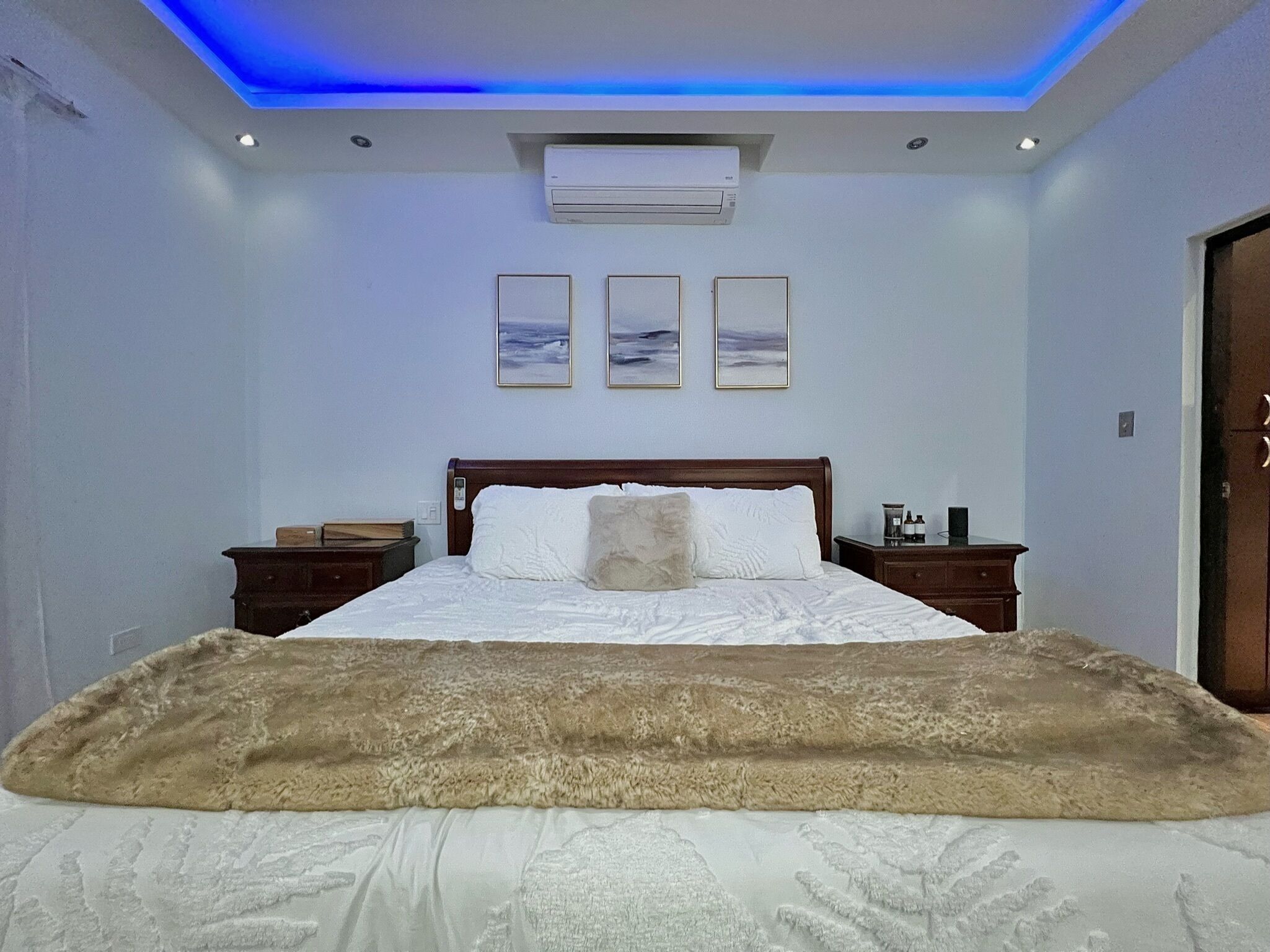 A bedroom with a bed, a large furry rug, an air conditioning unit, and three framed pictures on the wall.
