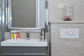 Shower, hair dryer, towels, toilet paper