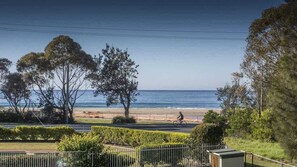 A coastal view with a beach, trees, and a cyclist.