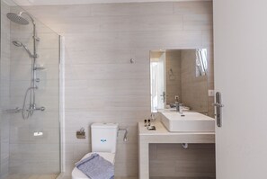 Shower, hair dryer, towels, shampoo