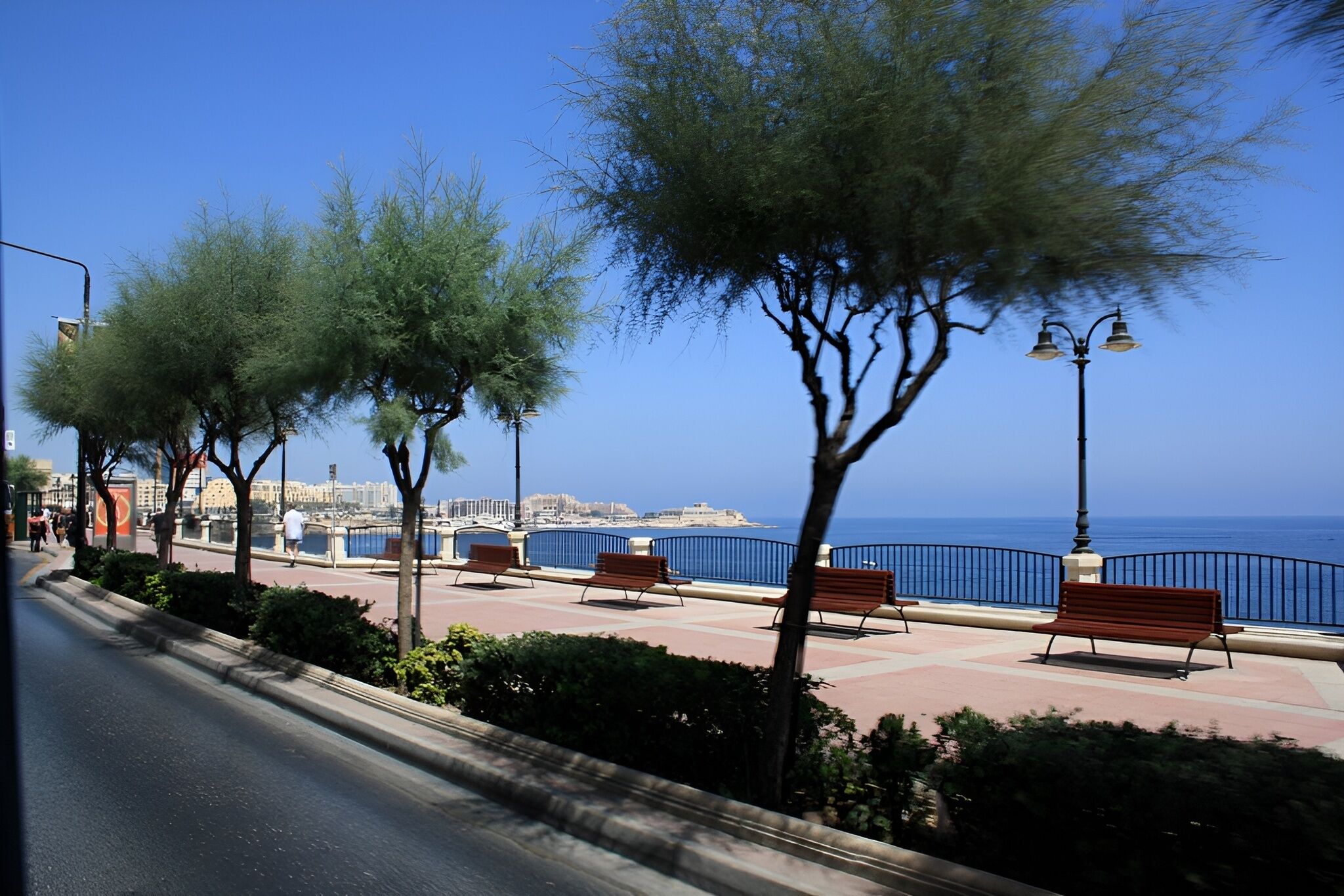 Eine Uferpromenade mit Bänken, Bäumen und freiem Blick auf das Meer.